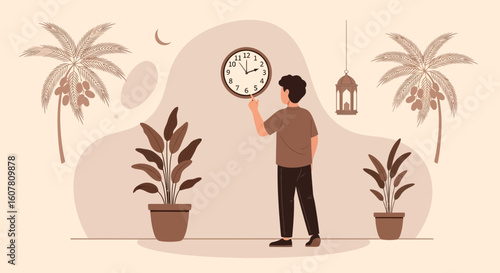 Ramadan Preparations Setting The Clock In An Illustrated Home Environment
