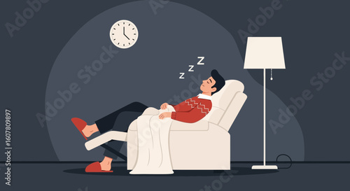 Relaxed Afternoon Nap Man Slumbers Peacefully in Armchair at Home Illustration