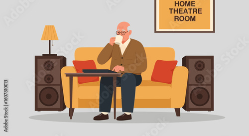 Relaxed Senior Enjoying Coffee In Home Theater Room With Audio System