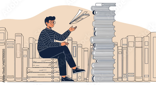 Relaxed Student Throws Book With Pile Of Books In The Library