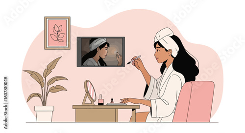 Relaxed Woman Applying Makeup In Her Room Getting Ready In The Morning