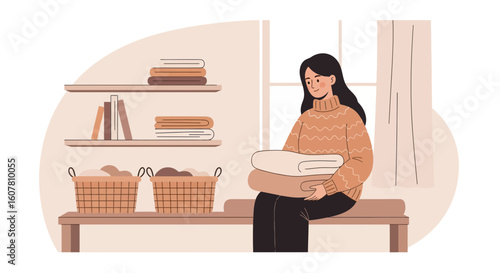 Woman With Folded Laundry On A Shelf In Warm Light In Minimalist Style
