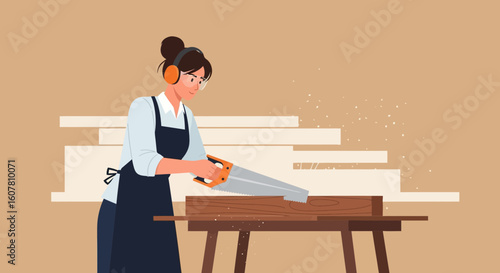 Woman Woodworker Skillfully Cutting Timber On Carpentry Workbench With Hand Saw