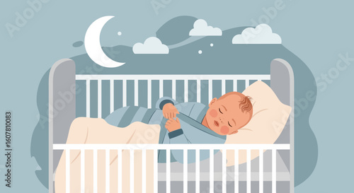 Peaceful Sleep A Serene Nighttime Illustration Of A Baby Sleeping In A Crib