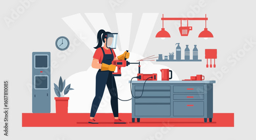 Woman With Protective Equipment Using Grinder At Workshop For Metalworking