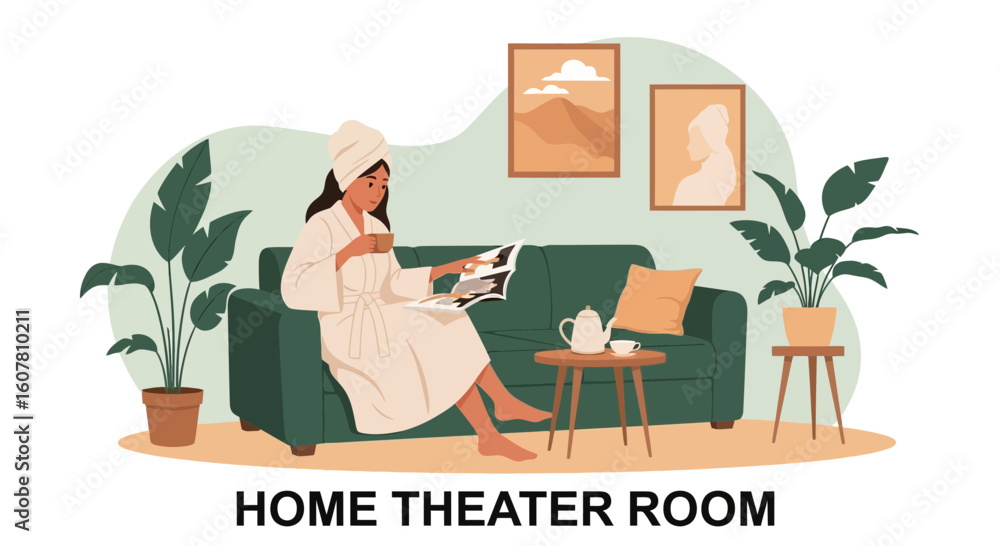 Fototapeta premium Relaxing Afternoon With Tea And Magazine In Comfortable Interior Illustration