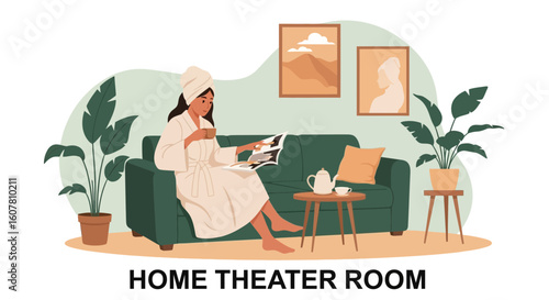 Relaxing Afternoon With Tea And Magazine In Comfortable Interior Illustration