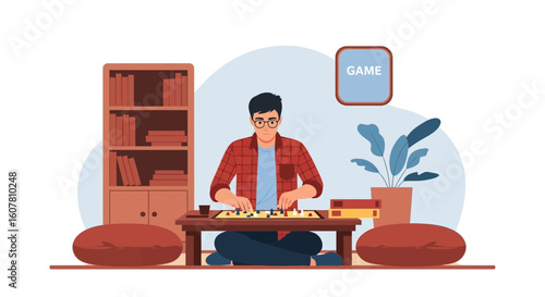 Relaxing At Home: Man Enjoying A Game Of Strategy In A Cozy Setting