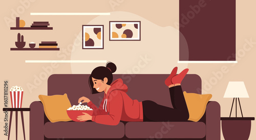 Relaxing At Home Woman Lying on Couch Eating Popcorn Watching Tv