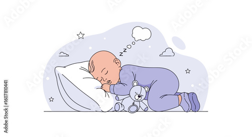 Peaceful Slumber Sweet Dreams Baby Illustration On Soft Pillow With Teddy Bear