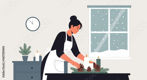 Winter Scene Featuring A Woman Arranging A Christmas Decoration In Cozy Room
