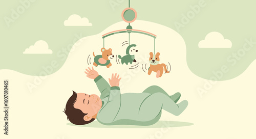 Peaceful Slumber Cartoon Baby Watching a Mobile with Animals Characters