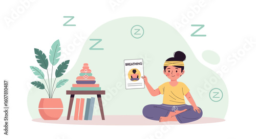 Relaxing Girl Practices Meditation and Breathing Exercise at Home for Tranquility