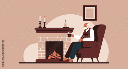 Relaxing Evening Scene Senior Man Enjoys Fireplace Comfort Drink Warmth