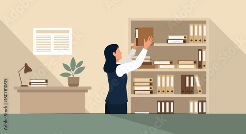 Woman Arranging Books on a Shelf in the Office with Filing Cabinets