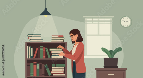 Woman Arranging Books On Bookshelf At Home Or Library Study Collection