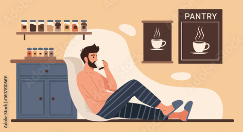 Relaxing Morning Ritual Man Enjoying Coffee in Pajamas Inside Cozy Interior