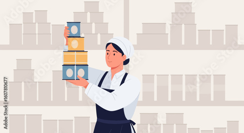 Woman Arranging Canned Goods In Grocery Store With White Neutral Background