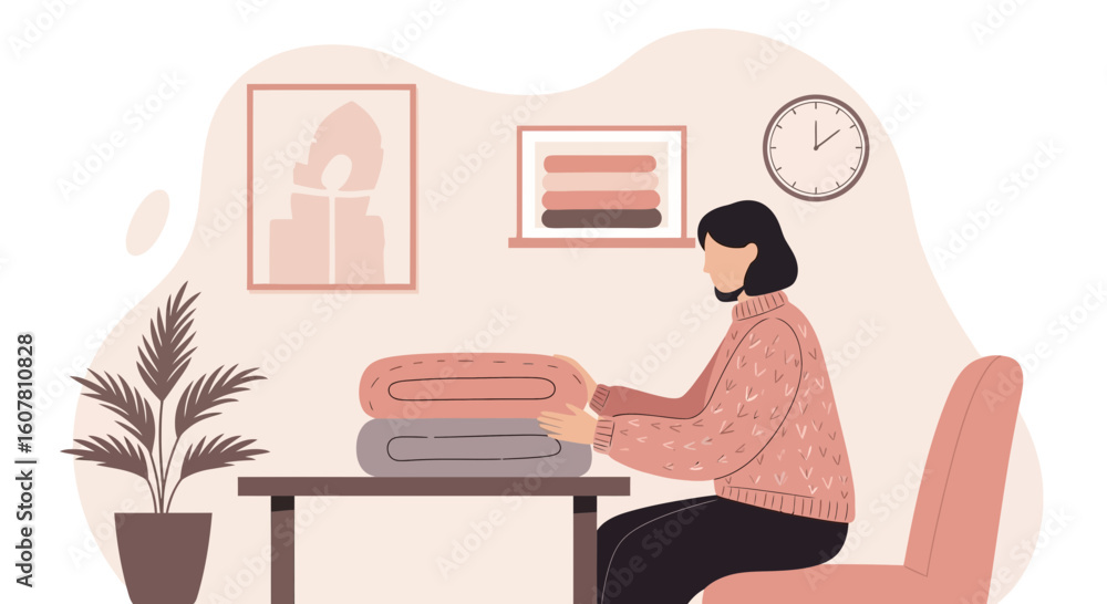 Fototapeta premium Woman Arranging Folded Laundry In Cozy Room For Everyday Routine Flat Vector