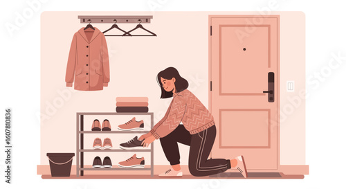 Woman Arranging Footwear Near the Door in a Cozy Home Interior Scene