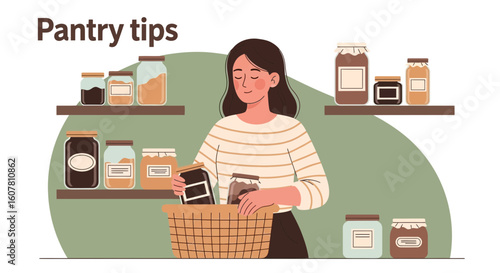 Woman Arranging Glass Jars of Foodstuffs in Pantry for Sustainable Living