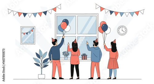 People Celebrating A Party At Home Near Window Holding Balloons Wearing Party Hats