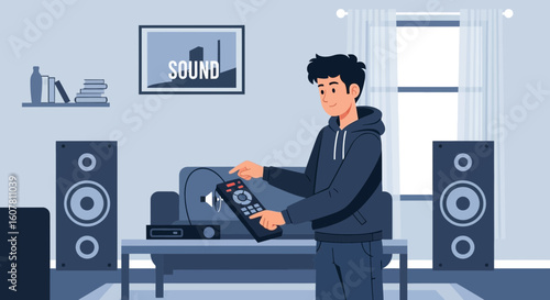 Person Adjusting Sound System Volume In A Modern Home Living Room
