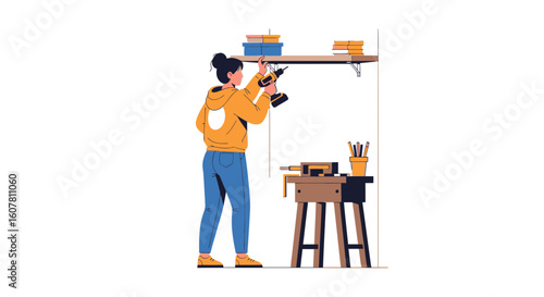 Woman Assembling Furniture With Cordless Drill At Home Improvement Project