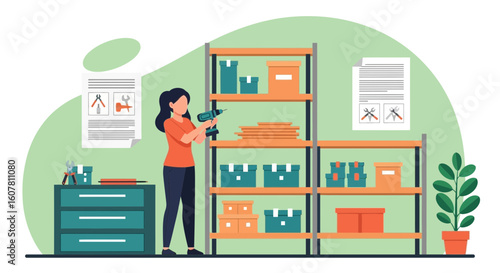 Woman Assembling Furniture In A Storage Room With Tools And Boxes Around
