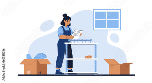 Woman Assembling New Furniture Following Instructions In Her Home Flat