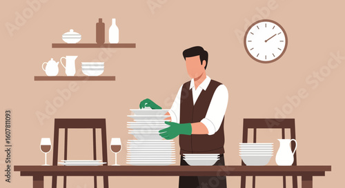 Responsible Man Wearing Gloves Stacking Dishes After Finishing Lunch At Home
