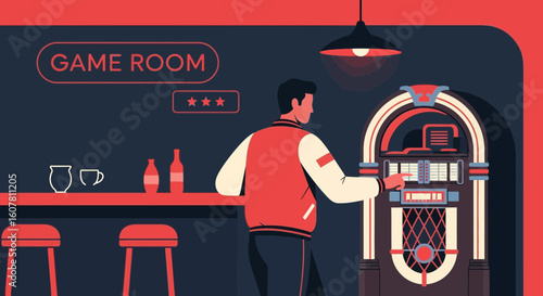 Retro Recreation: A Man Chooses A Tune In A Vintage Game Room