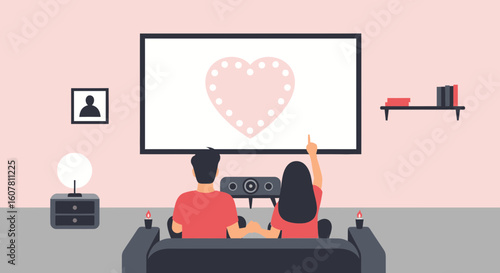 Romantic Evening At Home Watching A Movie Projector Screen With Heart Symbol