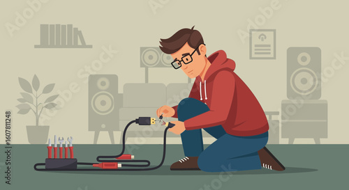 Person Fixing Cables in Living Room Home Audio System Repairing Connection