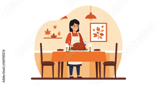 Woman Carving Thanksgiving Turkey at Dining Table in Autumn-Themed Room
