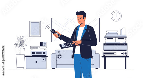 Person Operating Multiple Remote Controls In Their Living Space Flat Design