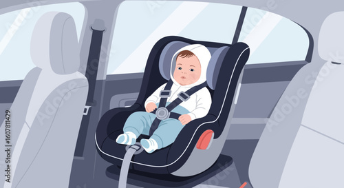Safety First Adorable Baby Secured in Car Seat During Road Trip