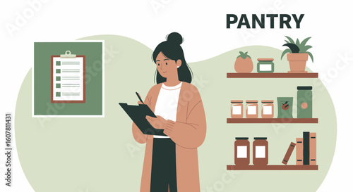 Woman Checking Pantry Inventory And Making List Of Needed Products