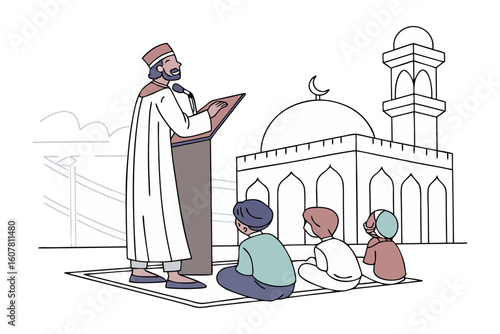 Young muslim boy wearing traditional green robe and white cap holding a holy book