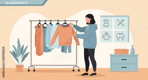 Woman Choosing Outfit From Clothes Rack In Cozy Room With Illustrations