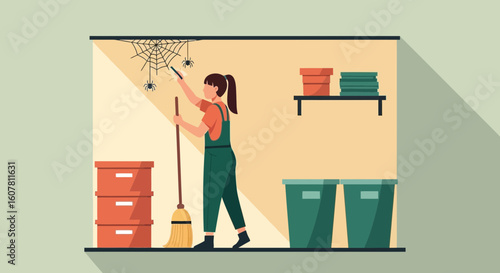 Woman Cleaning Cobwebs in the Storage Room During Housekeeping Works