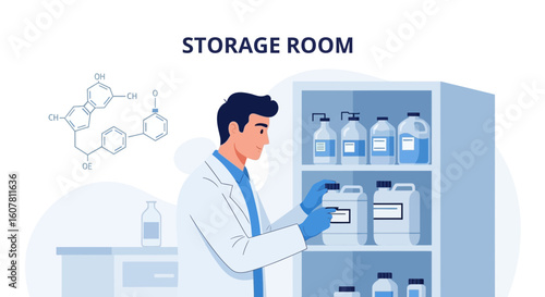 Scientist Inspecting Reagents On Shelves Inside Laboratory Or Pharmaceutical Warehouse