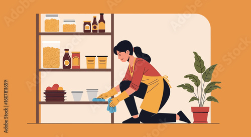Woman Cleaning Kitchen Pantry For Hygiene And Comfortable Environment Illustration