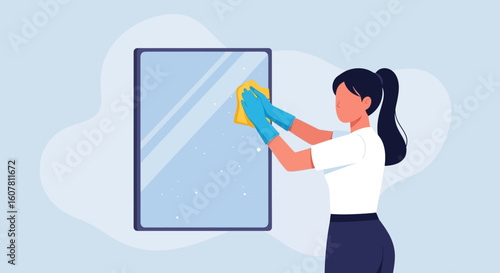 Woman Cleaning Mirror With Cloth For Routine Cleaning Service Concept