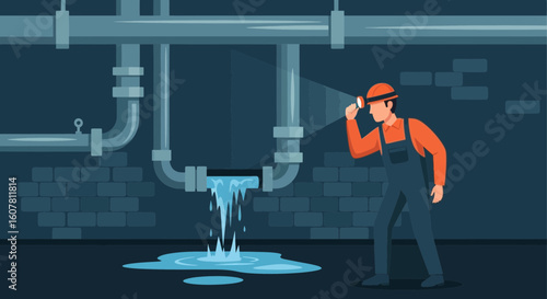 Plumbing Problem Solving A Cartoon Plumber Inspecting Leaky Pipes In A Dark Basement