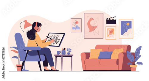 Woman Creates Digital Art With Graphic Tablet in Comfortable Living Room