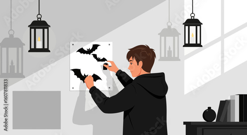 Preparation For The Spooky Season Decorating Wall With Bat Stickers At Home