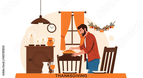 Preparing A Festive Dinner With Pumpkin Pie For Thanksgiving Celebration
