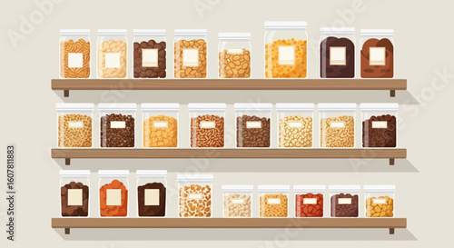 Shelves Filled With Jars Of Assorted Nuts And Dried Goods Displayed Neatly
