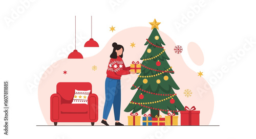 Woman Decorating Christmas Tree At Home During Festive Holiday Season
